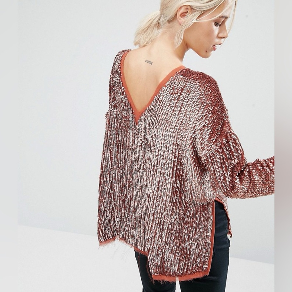 ASOS Rose Gold Metallic V-Neck Sequin Sweater